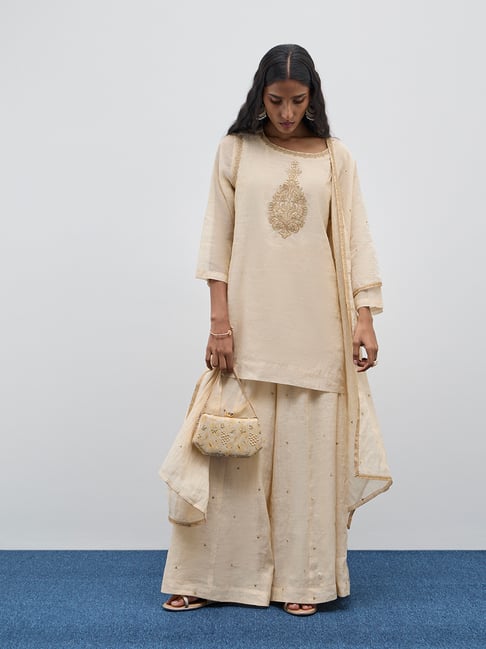 Zuba by Westside Beige Blended-Silk Embellished Dupatta