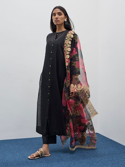 Vark by Westside Black A-Line Kurta, Inner, Pants and Dupatta Set