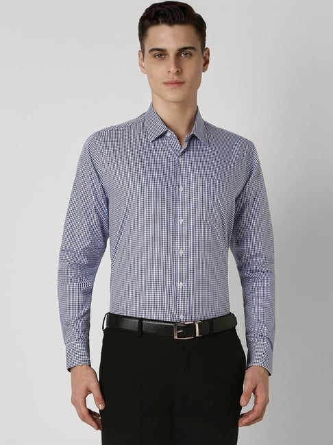 Van Heusen Blue Cotton Slim Fit Checks Shirt-picture-32