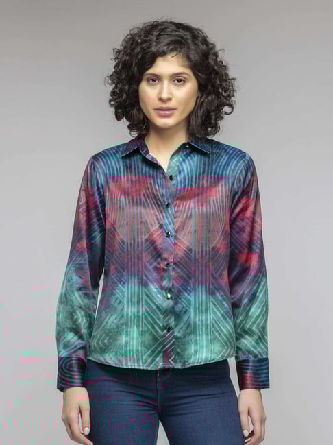 SHAYE Green Satin Regular fit Geometric casual shirts-picture-12