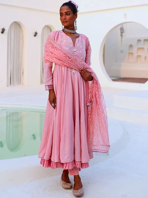 Pink Womens Flared Suit Pink And White Flared Kurta Suit Set