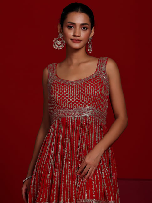 Libas Art Red Georgette Regular Fit Ethnic Motifs Kurta Sets