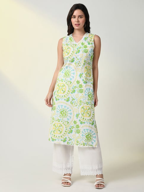 SHOWOFF Green & White Floral Print Kurta With Pants