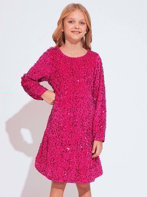 VERO MODA GIRL Kids Raspberry Sorbet Embellished Full Sleeves A-Line dress-picture-41