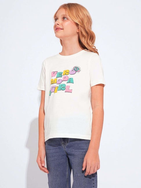 VERO MODA GIRL Kids Cloud Dancer Cotton Printed Round neck T-Shirt
