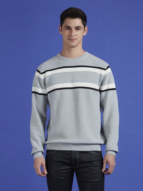 Pepe Jeans Grey Cotton Regular Fit Striped Sweater