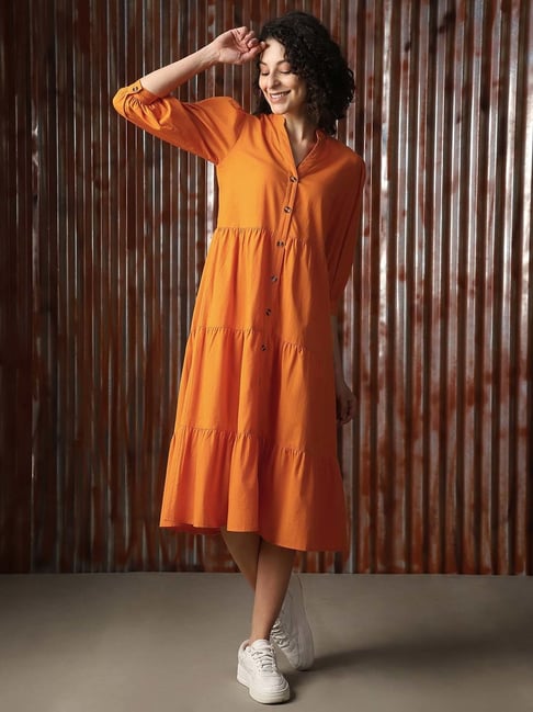 High Star Orange Cotton Relaxed Fit Midi Dress
