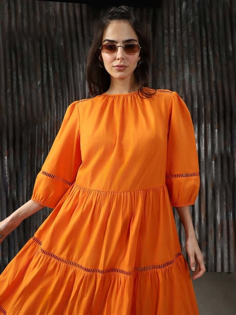 High Star Orange Cotton Relaxed Fit Midi Dress-picture-14