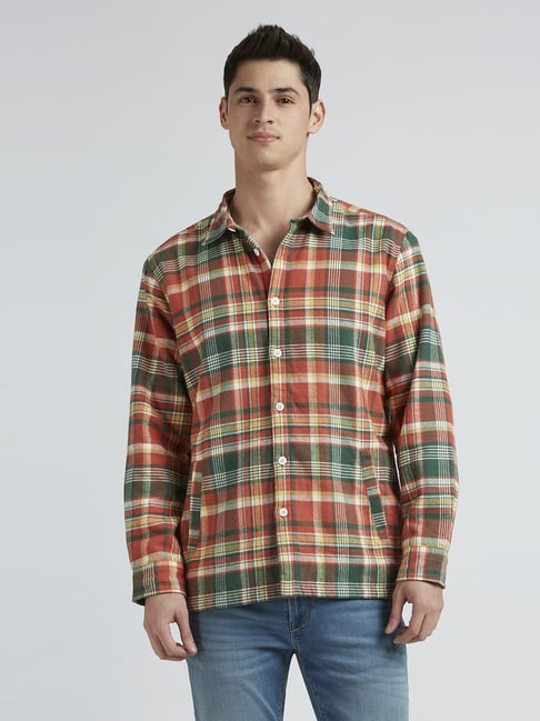 Pepe Jeans Orange Cotton Loose Fit Checks Shirt