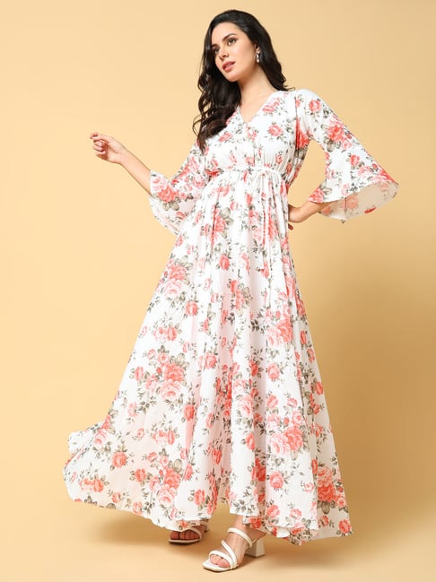 SHOWOFFFF Orange White Floral Print Maxi Dress