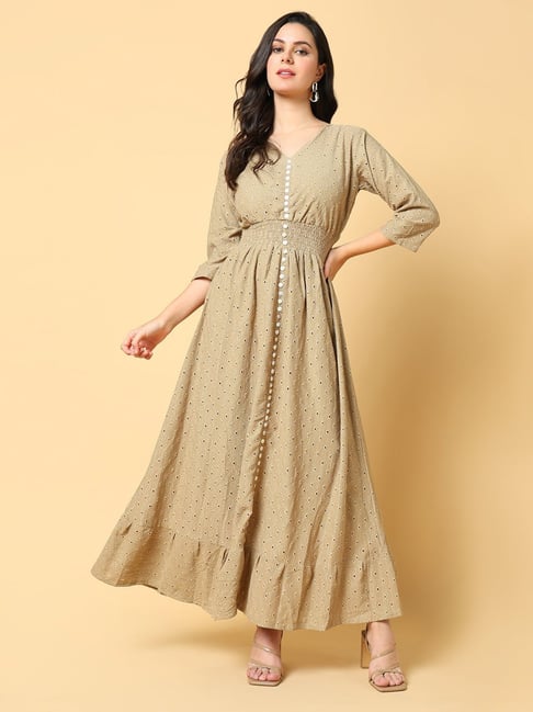 SHOWOFFFF Beige Self Design Maxi Dress