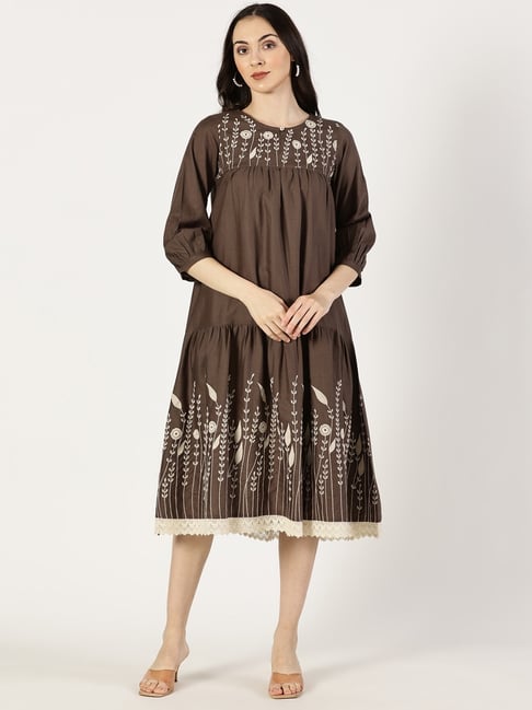 Saffron Threads Brown Cotton Embroidery Dress