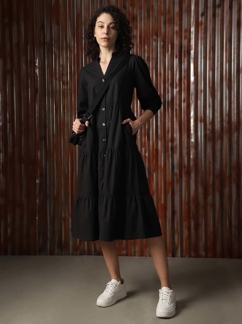 High Star Black Cotton Relaxed Fit Midi Dress