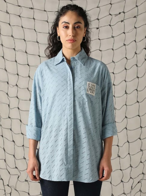 Hubberholme Blue Cotton Self Design Oversized Shirt-picture-33