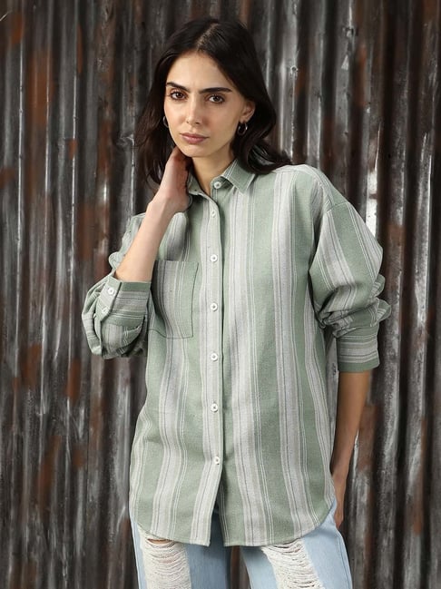 High Star Sage Green & White Cotton Striped Oversized Shirt-picture-16