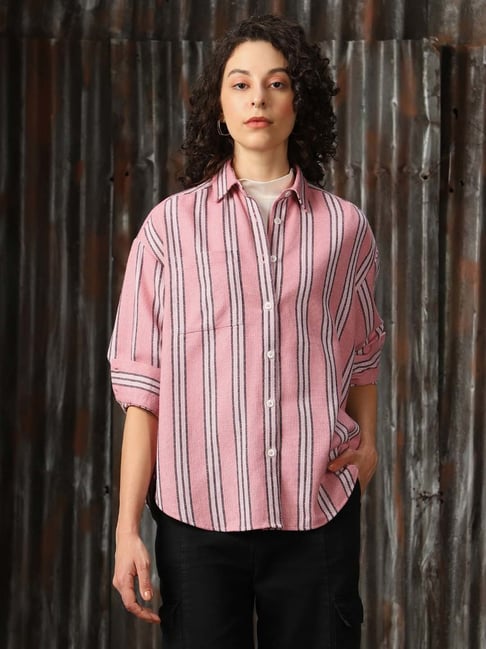 High Star Pink & Black Cotton Striped Oversized Shirt-picture-13