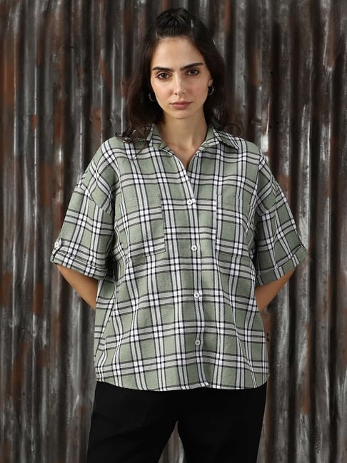 High Star Green & White Cotton Checks Oversized Shirt-picture-21