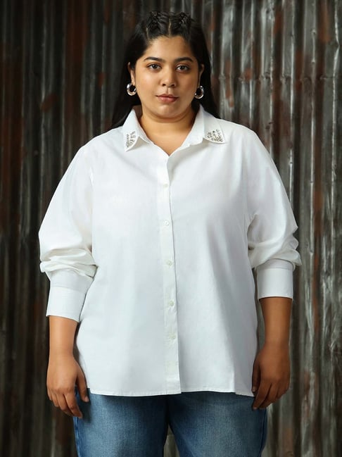 High Star Plus Size White Cotton Embellished Oversized Shirt High Star Plus Size White Cotton Embellished Oversized Shirt