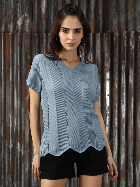 High Star Blue Cotton Self Design Top