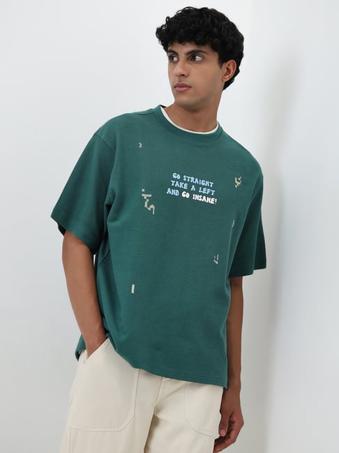 Nuon by Westside Green Text Design Relaxed-Fit Cotton T-Shirt