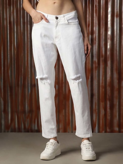 High Star White Cotton Distressed High Rise Jeans