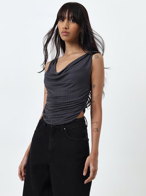 Nuon by Westside Grey Embellished Cowl-Neck Top