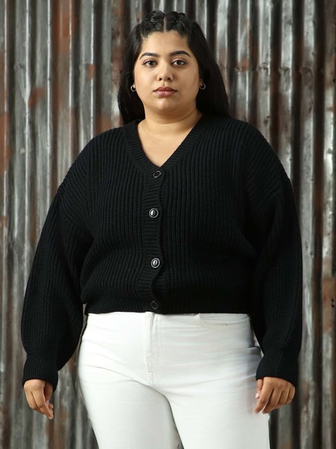 High Star Plus Size Black Self Design Cardigan