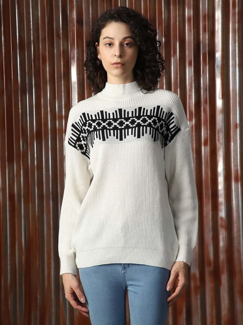 High Star White & Black Self Design Sweater-picture-19