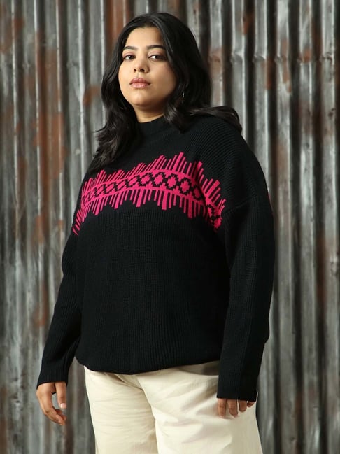 High Star Plus Size Black Self Design Sweater