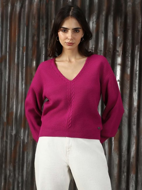 High Star Pink Self Design Sweater