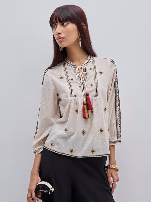 Bombay Paisley by Westside Off-White Embroidered Peasant Cotton Top