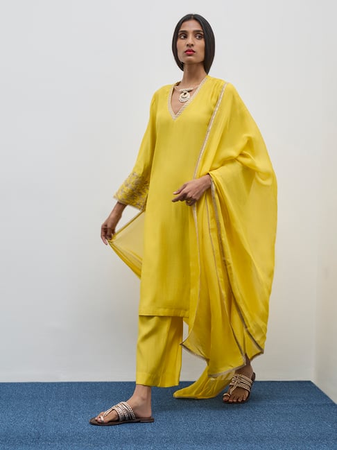 Vark by Westside Yellow Embroidered A-Line Kurta, Pants and Dupatta Set
