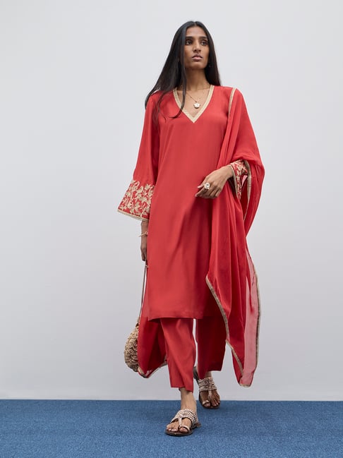 Vark by Westside Red Embroidered A-Line Kurta, Pants and Dupatta Set