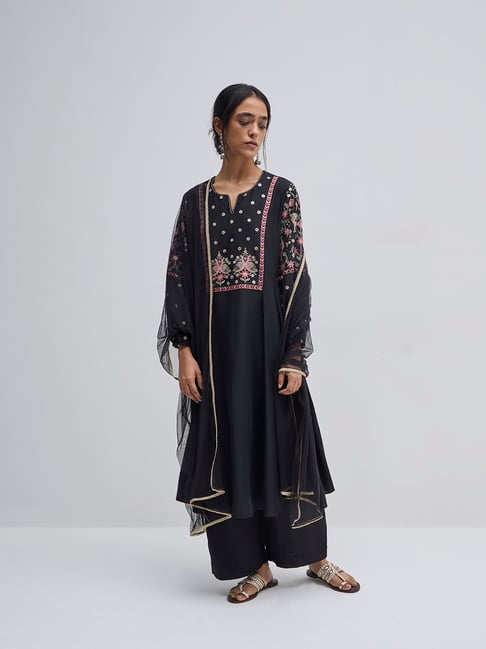 Vark by Westside Black Embroidered A-Line Kurta, Pants and Dupatta Set
