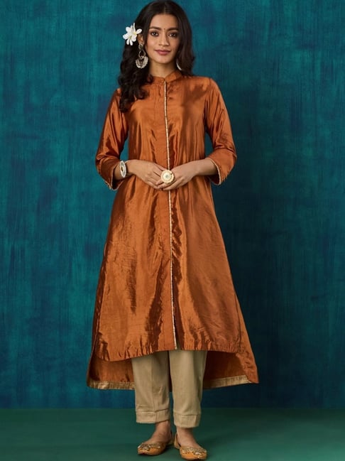 Mushio Rust Damini Habotai Silk Sanika Kurta With Button Detail-picture-26