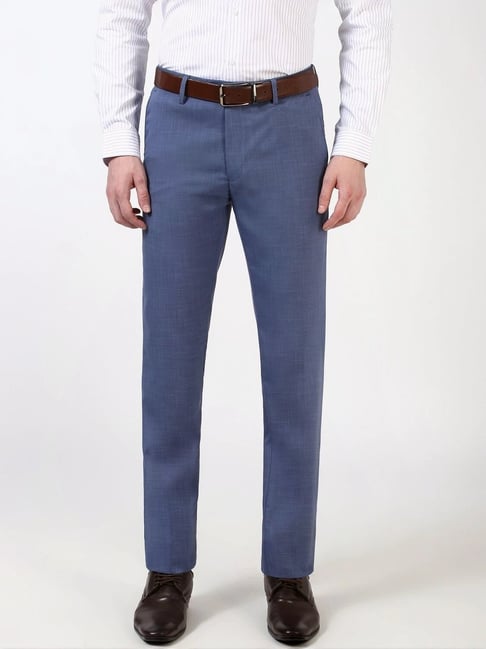 Peter England Blue Slim Fit Checks Trousers-picture-19