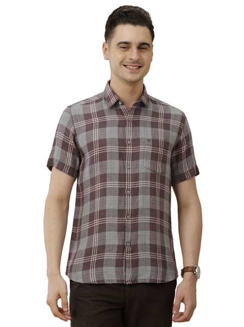 cavallo by linen club Linen Club Purple Pure Linen Contemporary Fit Checks Casual Shirts-picture-15