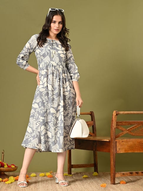 DECKEDUP Grey Beige Cotton Floral Print Midi Dress