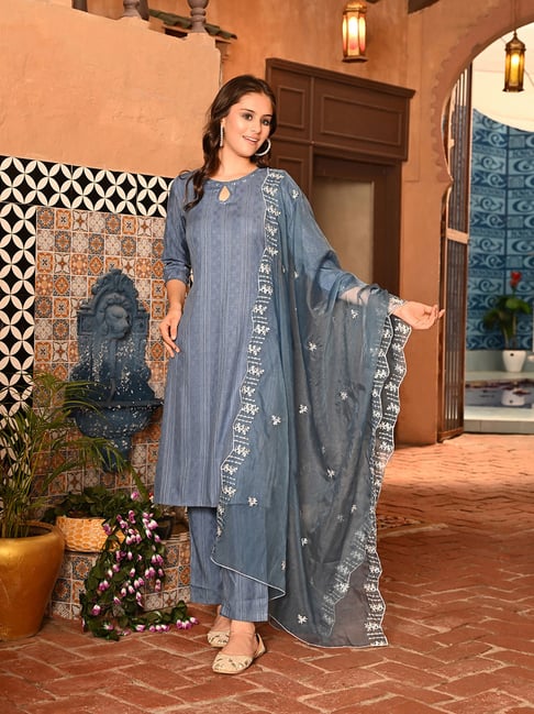 DECKEDUP Blue Relaxed Fit Kurta With Pants & Dupatta