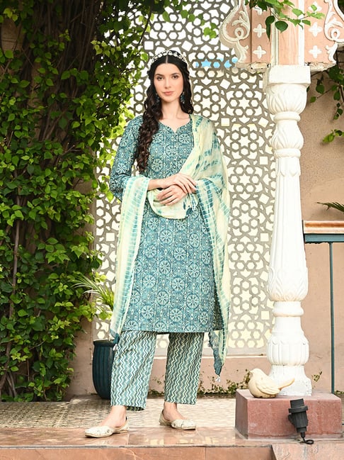 DECKEDUP Green Cotton Printed Kurta With Pants & Dupatta