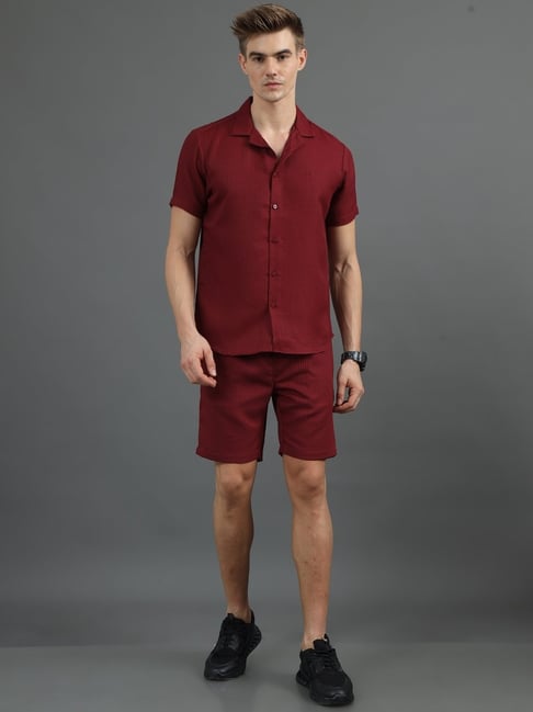 Bushirt Maroon Polyester Regular fit Solid Shirt & Shorts Set-picture-20