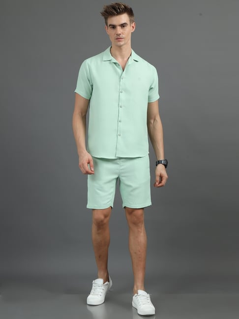 Bushirt Green Polyester Regular fit Solid Shirt Shorts Set