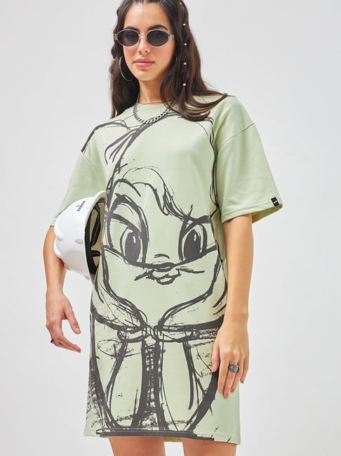 Bewakoof Green Print Oversized T Shirt Dress