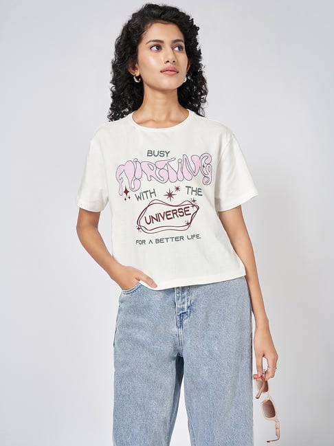 People by Pantaloons White Print T-Shirt