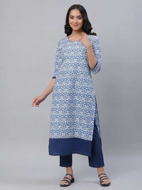 Aurelia White & Blue Cotton Floral Print Kurta-picture-33