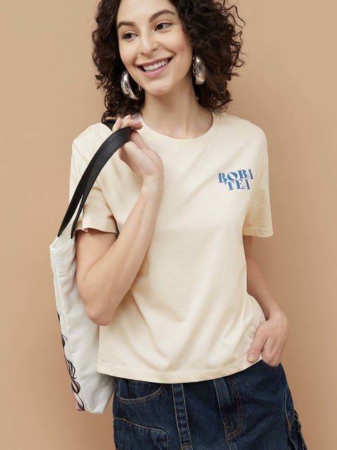 Fame Forever by Lifestyle Beige Cotton Printed Tops