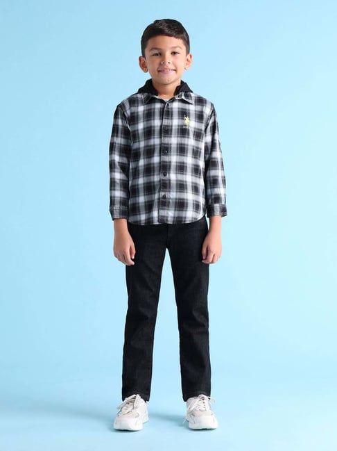 Polo Boys Black White Cotton Checks Full Sleeves Shirts