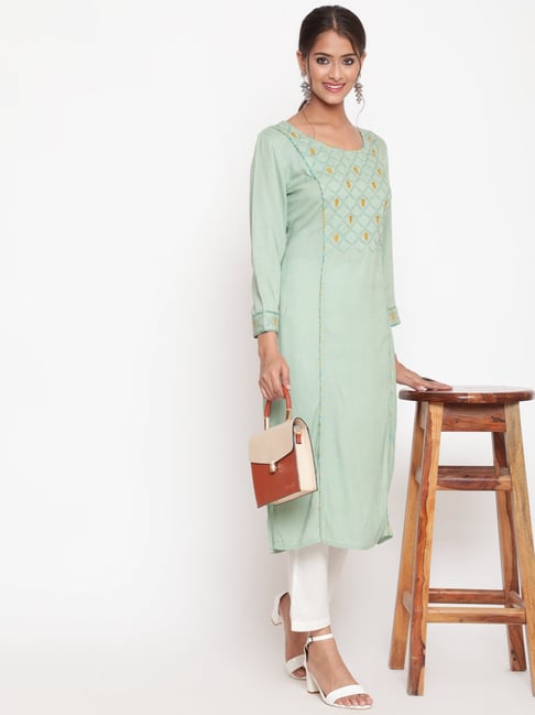 savi india Savi Sage Green Viscose Rayon Straight Embroidered Kurti-picture-26