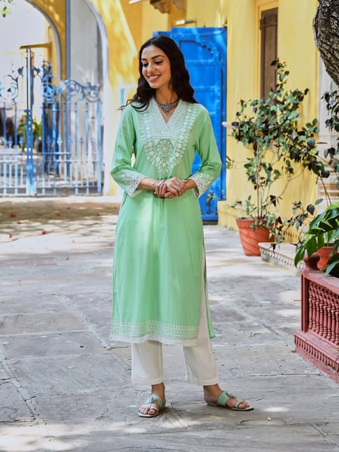 savi india Savi Green Cotton Straight Embroidered Kurti-picture-19