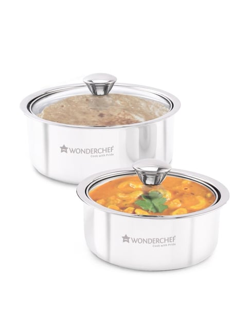 Wonderchef Silver Stainless Steel Serving Casserole with Lid Set of
